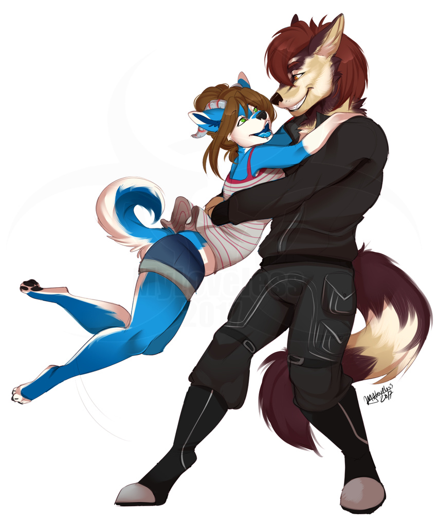 anthro canine clothed clothing duo facial_piercing female fur hair hug lip_piercing male male/female mammal myloveless open_mouth piercing smile watermark