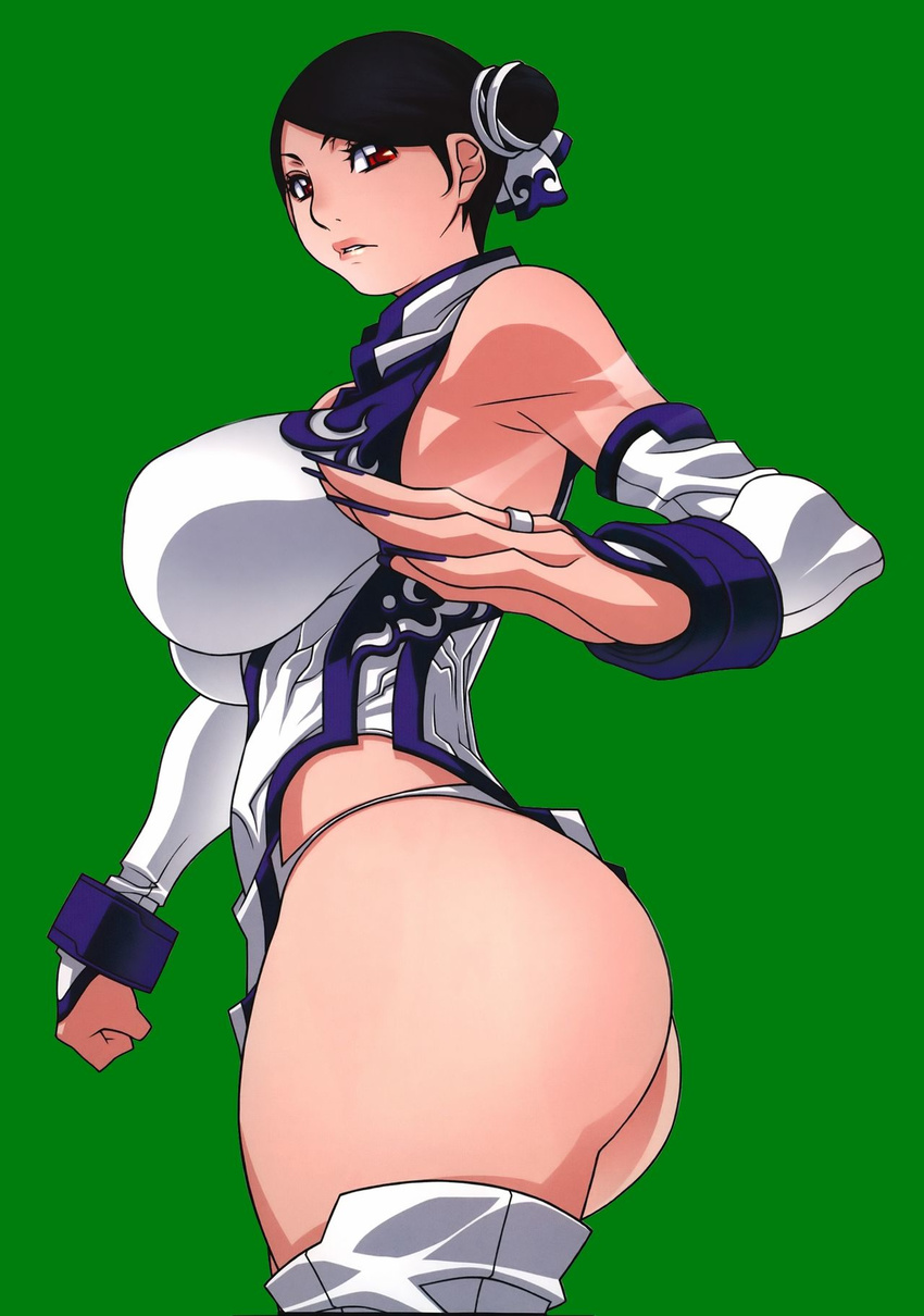 ass breasts double_bun green_background highres huge_breasts koutarou_(girl_power) looking_at_viewer puffy_nipples simple_background solo