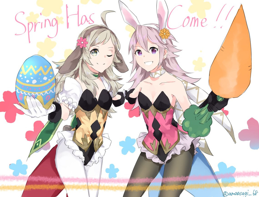 ama_asagi animal_ears breasts bunny_ears bunnysuit carrot cleavage easter_egg egg fire_emblem fire_emblem_heroes fire_emblem_if gloves hair_ornament holding looking_at_viewer multiple_girls ophelia_(fire_emblem_if) pantyhose smile soleil_(fire_emblem_if)