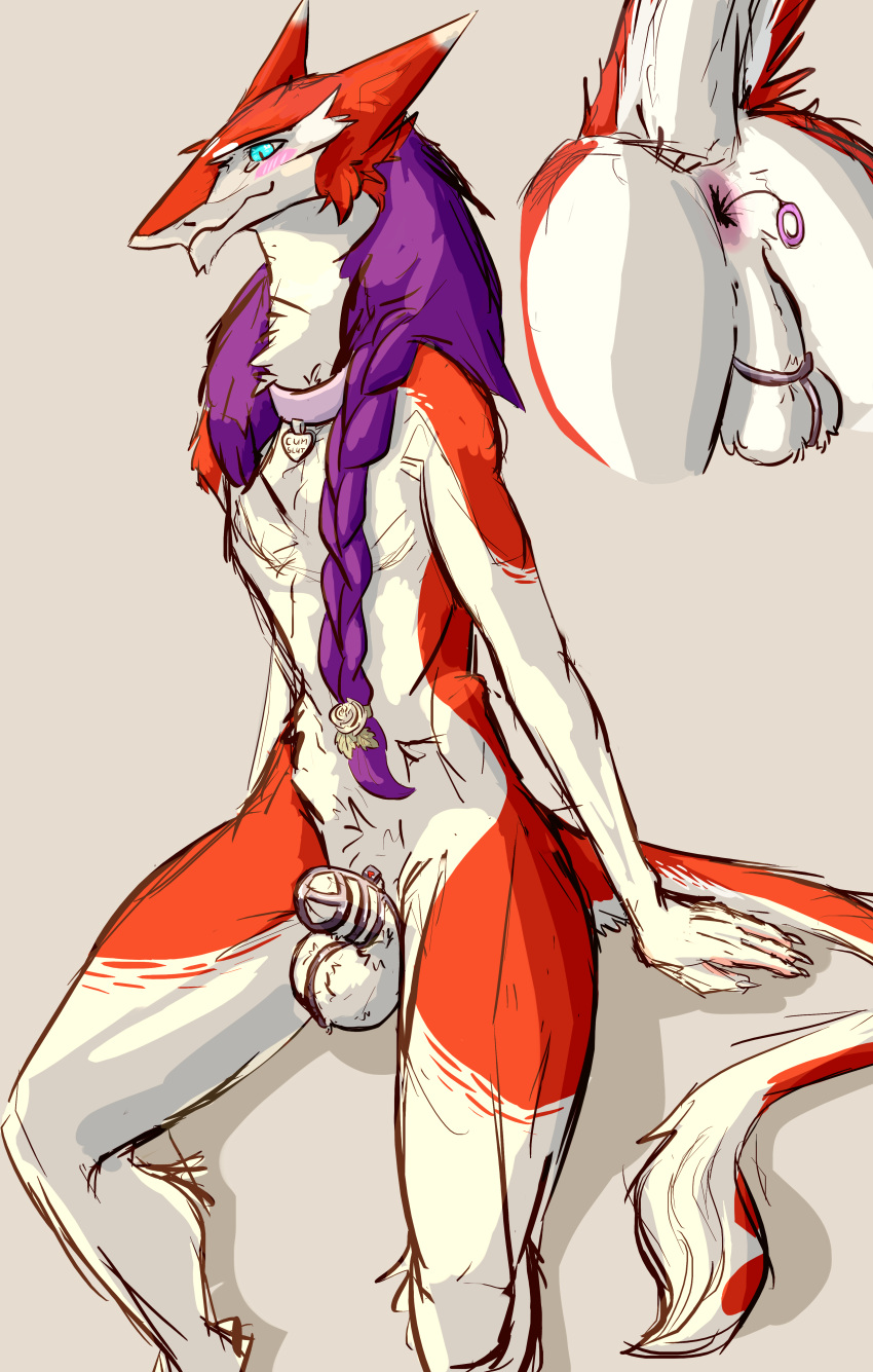 absurd_res annoyance anthro azaly balls braided_hair chastity chastity_cage fur girly hair hi_res long_hair long_tail male mammal purple_hair red_fur sergal smile solo