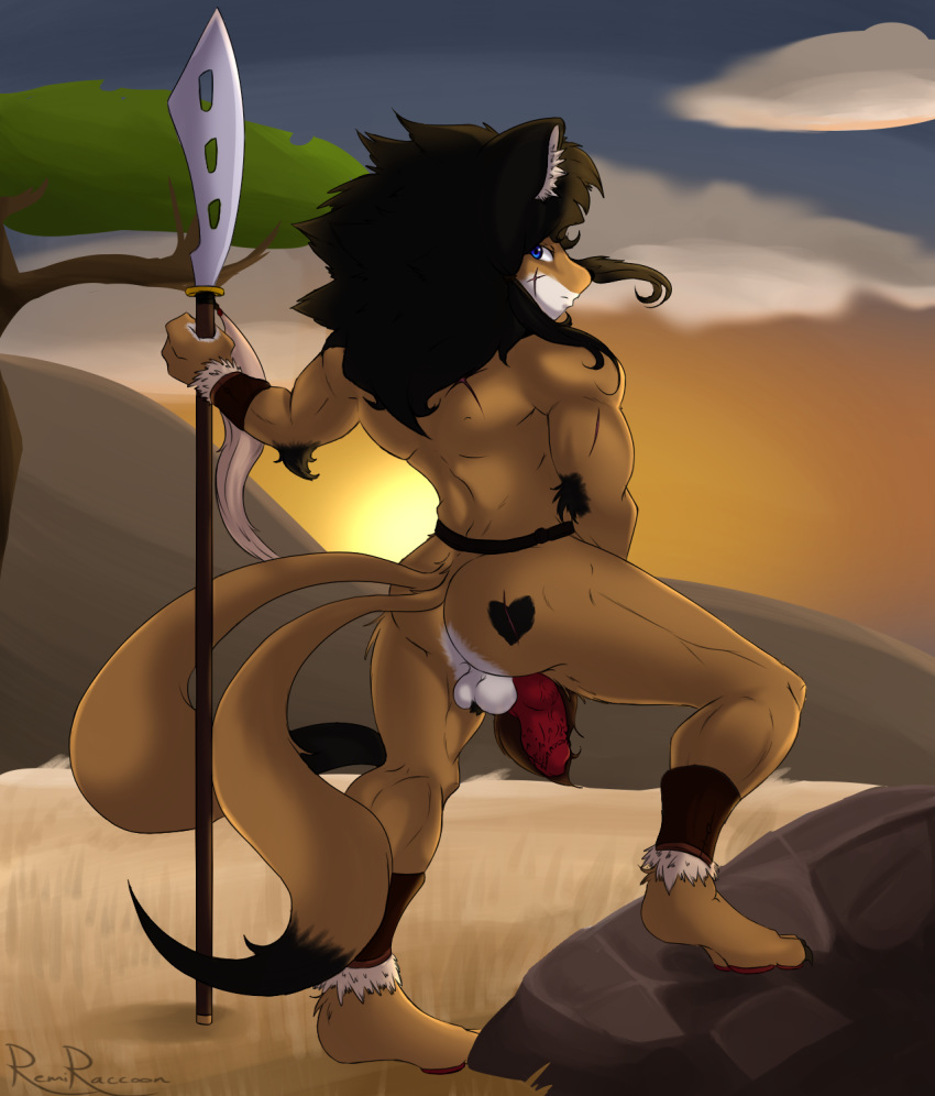 africa anthro armor balls barbed_penis canine clothing feline fox gauntlets gloves hi_res hybrid knot lion loincloth looking_at_viewer male mammal muscular pantherine penis raised_tail remiraccoon scar solo sunset tribal tribe weapon