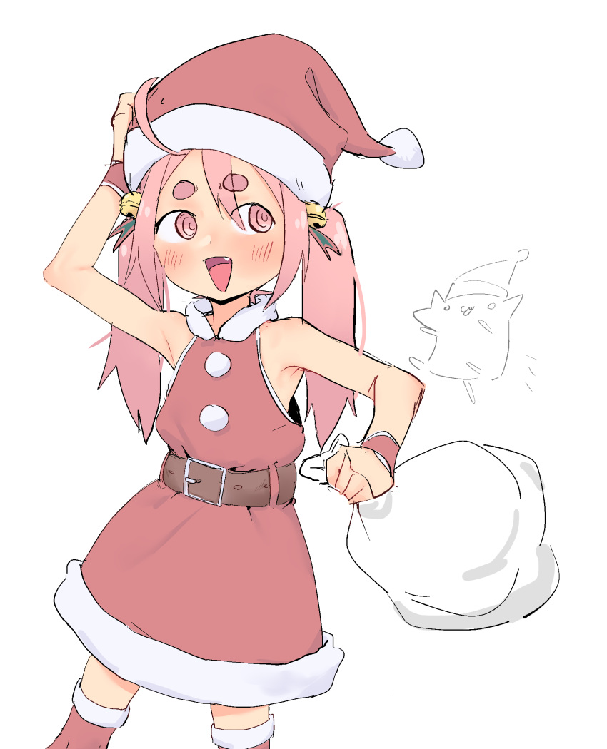 1girl al_bhed_eyes armpits belt blush christmas commentary edisonabismo english_commentary fang hat highres original pink_hair sack santa_costume santa_hat sleeveless solo thick_eyebrows twintails white_background