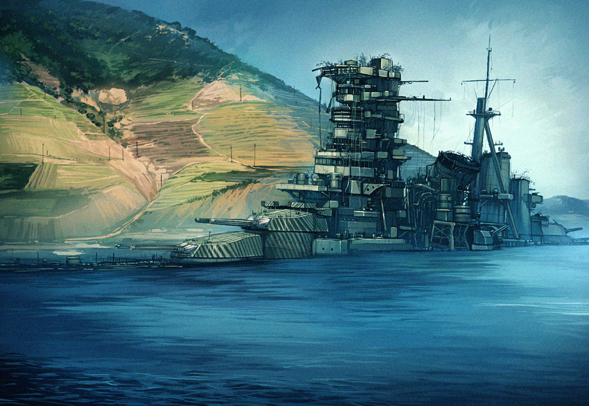 commentary_request haruna_(battleship) hill hino_katsuhiko imperial_japanese_navy military military_vehicle original ship shipwreck shore smokestack turret warship watercraft world_war_ii