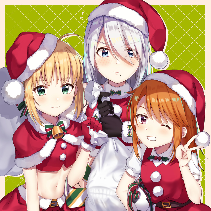 3girls ;d absurdres ahoge artoria_pendragon_(all) ball bangs bare_shoulders belt belt_buckle black_gloves blonde_hair blue_eyes blush breasts buckle capelet closed_mouth collared_shirt commentary_request crop_top crossover eyebrows_visible_through_hair fate/stay_night fate_(series) frown fur-trimmed_capelet fur-trimmed_gloves fur_collar fur_trim gloves green_eyes grin hair_over_one_eye hand_up hat highres holding holding_ball holding_sack ichiren_namiro idolmaster idolmaster_cinderella_girls long_hair looking_at_viewer midriff mole mole_under_mouth multiple_girls navel nier_(series) nier_automata one_eye_closed open_mouth orange_hair red_capelet red_eyes red_gloves red_hat red_shirt red_skirt red_sweater red_vest ribbed_sweater saber sack santa_costume santa_hat shirt short_hair short_sleeves sidelocks skirt small_breasts smile soccer_ball stomach sweater sweater_vest v v-shaped_eyebrows vest white_hair white_shirt yorha_type_a_no._2 yuuki_haru