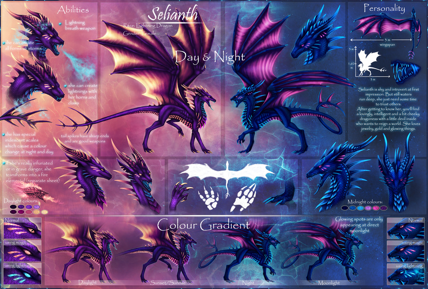 ambiguous_gender anthro blue_scales claws dragon feral gradient_scales horn membranous_wings model_sheet open_mouth purple_scales scales selianth solo spines standing teeth tongue wings