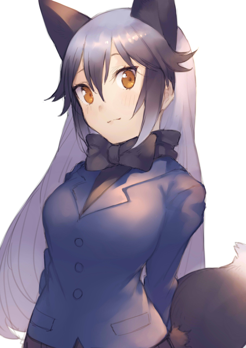 :3 absurdres animal_ears arms_behind_back black_bow black_neckwear black_skirt blazer blue_jacket blush bow bowtie breasts brown_eyes buttons en@rain extra_ears eyelashes fox_ears fox_tail fur-trimmed_sleeves fur_trim gradient_hair grey_hair hair_between_eyes highres jacket jpeg_artifacts kemono_friends large_breasts long_hair long_sleeves looking_at_viewer multicolored_hair pleated_skirt pocket sidelocks silver_fox_(kemono_friends) silver_hair simple_background skirt smile solo tail tsurime two-tone_hair upper_body white_background