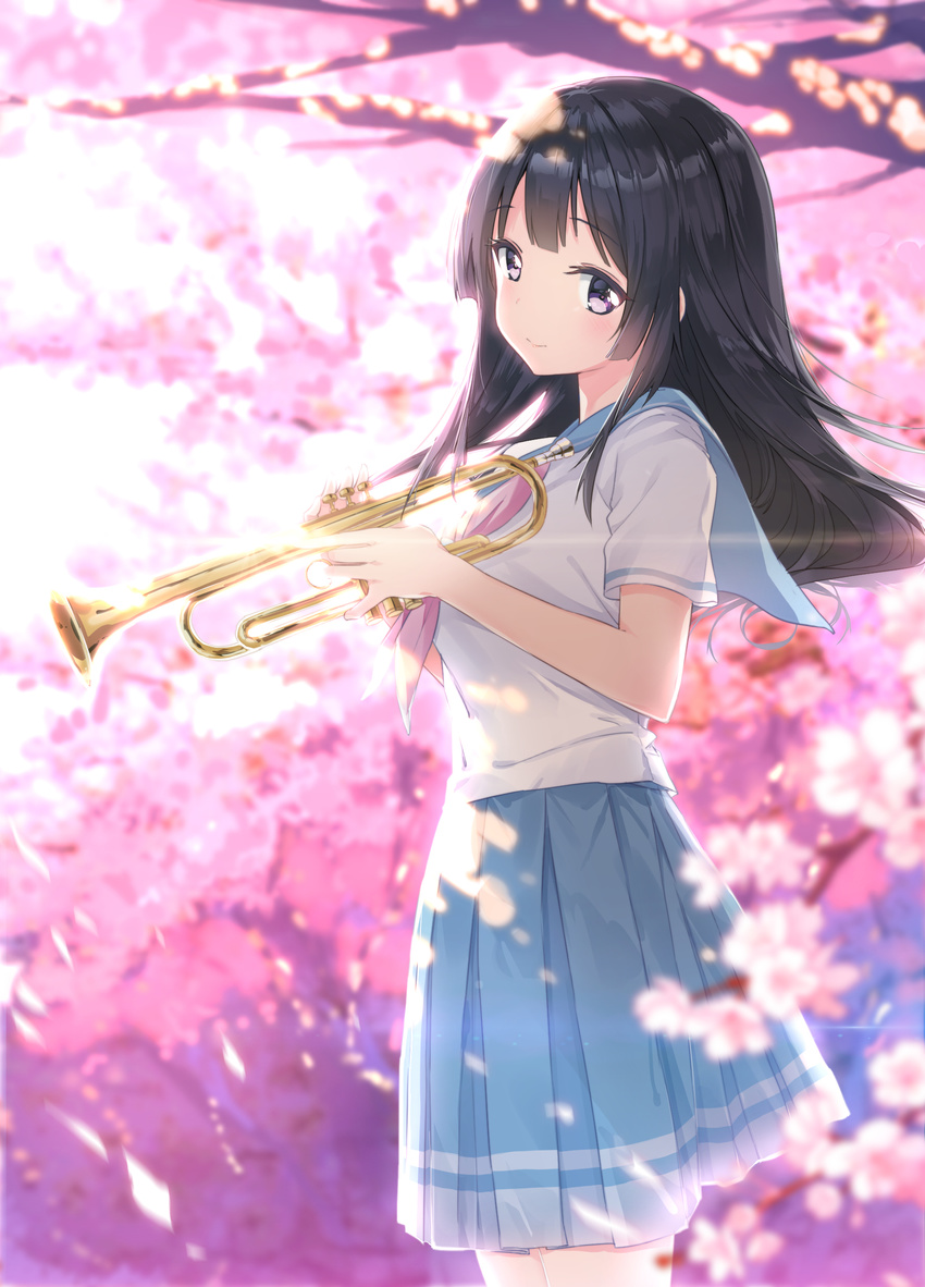 absurdres bangs black_hair blue_skirt blurry blurry_background blush cherry_blossoms closed_mouth commentary cowboy_shot dappled_sunlight depth_of_field eyebrows_visible_through_hair fanqie_jidan from_side hibike!_euphonium highres holding holding_instrument instrument kousaka_reina long_hair looking_at_viewer looking_to_the_side medium_skirt neckerchief petals pink_neckwear pleated_skirt purple_eyes revision school_uniform shirt short_sleeves skirt smile solo spring_(season) standing sunlight tree trumpet white_shirt