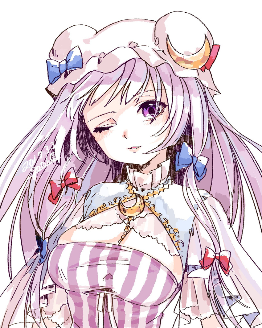 bow breasts capelet cleavage crescent dated double_bun dress gotoh510 hair_bow hat highres large_breasts long_hair mob_cap one_eye_closed patchouli_knowledge purple_eyes purple_hair signature sketch solo striped striped_dress touhou