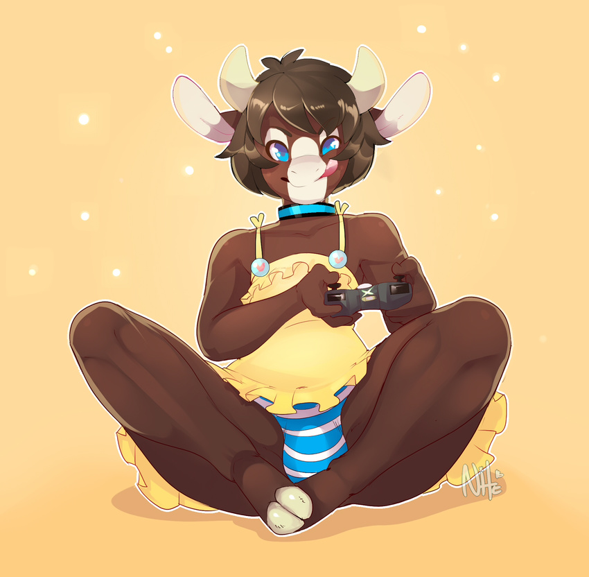 anthro bovine bulge cattle clothed clothing crossdressing horn male mammal nite sitting smile solo tongue tongue_out underwear video_games