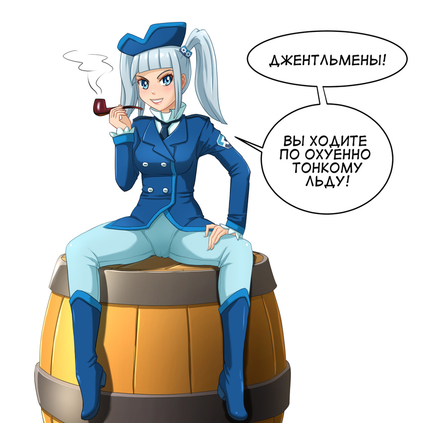 &gt;:) bangs barrel blue_eyes blue_legwear blunt_bangs boots cameltoe commentary double-breasted emblem formal full_body grey_hair grin hair_ornament hand_on_own_thigh hat holding holding_pipe huyase long_hair looking_at_viewer necktie original personification pipe profanity rkn-chan russian simple_background sitting smile smoke solo speech_bubble spread_legs translated twintails v-shaped_eyebrows