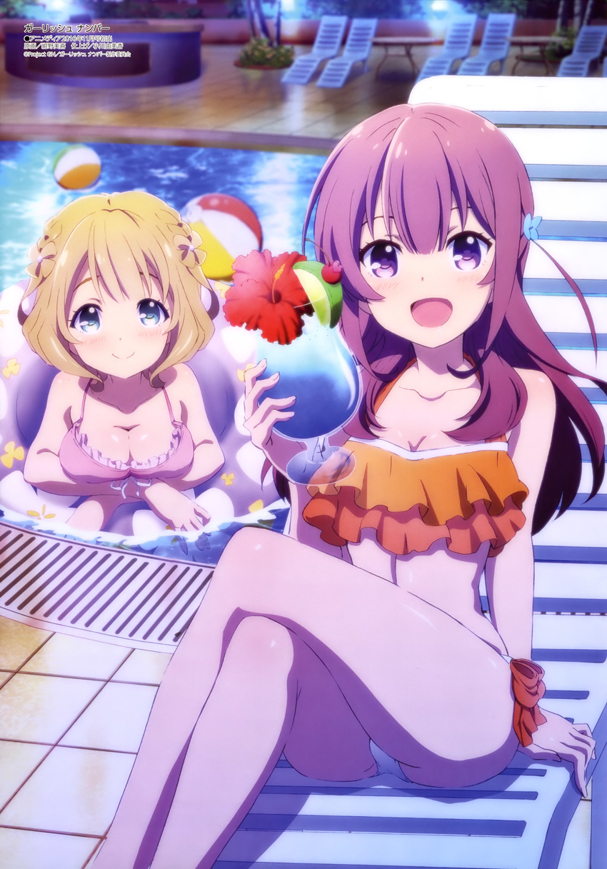 absurdres arm_support ball bare_shoulders bikini blonde_hair blue_eyes blurry blurry_background blush braid breasts chair cleavage closed_mouth crossed_arms crossed_legs drink flower food fruit girlish_number highres innertube karasuma_chitose_(girlish_number) konno_miki kugayama_yae lime_(fruit) looking_at_viewer medium_breasts multiple_girls official_art open_mouth pink_bikini pool scan short_hair sitting swimsuit water