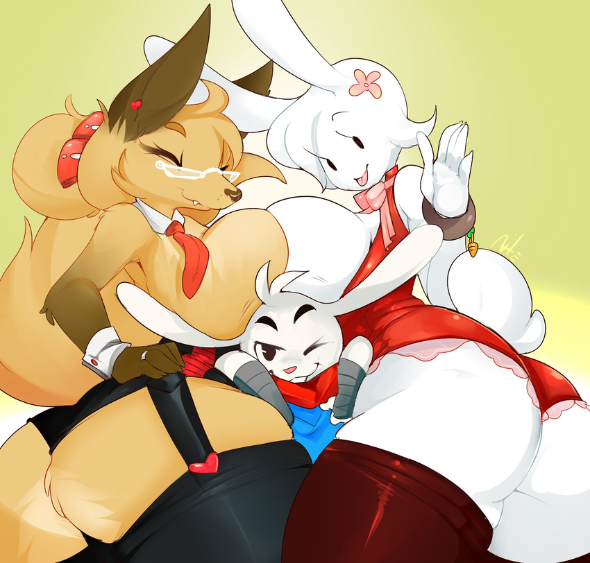 ambiguous_gender anthro big_breasts breast_squish breasts butt canine chibi clothed clothing female female/ambiguous female/female fox garter group lagomorph mammal nite rabbit slightly_chubby smile standing thick_thighs