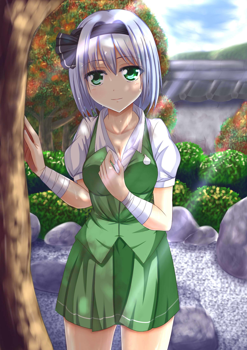 bandages blue_sky breasts cleavage cloud dappled_sunlight day garden green_eyes hair_ribbon highres konpaku_youmu large_breasts light_smile miniskirt pond puffy_short_sleeves puffy_sleeves revision ribbon rock shirt short_sleeves silver_hair skirt skirt_set sky solo sunlight sweat touhou tree vest wall wendell