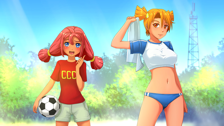 :d arm_up asymmetrical_eyebrows ball blue_eyes blue_sky blush breasts buruma bush cameltoe clothes_writing covered_nipples cowboy_shot crop_top dark_skin day dvach-tan everlasting_summer highres huyase index_finger_raised large_breasts legs_apart light_rays light_smile long_hair looking_at_viewer low_twintails midriff multiple_girls navel open_mouth orange_eyes orange_hair outdoors raglan_sleeves red_hair red_shirt shirt short_hair shorts sky smile soccer_ball sunbeam sunlight t-shirt towel transmission_tower twintails two_side_up ussr-tan
