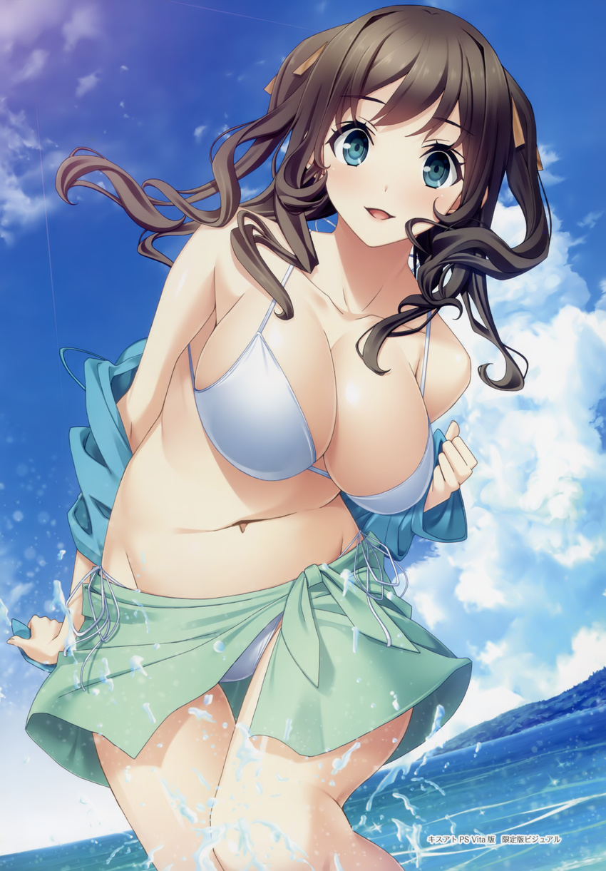 absurdres aikawa_arisa_(kiss_ato) arm_at_side bangs bare_shoulders bikini blue_eyes blue_sky breasts brown_hair cleavage cloud cloudy_sky collarbone cowboy_shot day eyebrows_visible_through_hair fingernails hair_ornament hair_ribbon hand_up highres hood hoodie jacket kiss_ato_kiss_will_change_my_relation_with_you large_breasts legs_together long_hair looking_at_viewer mikoto_akemi ocean off_shoulder open_clothes open_jacket open_mouth orange_ribbon outdoors ribbon sarong scan side-tie_bikini sky smile solo standing strap_gap string_bikini swimsuit thigh_gap twintails wading water white_bikini