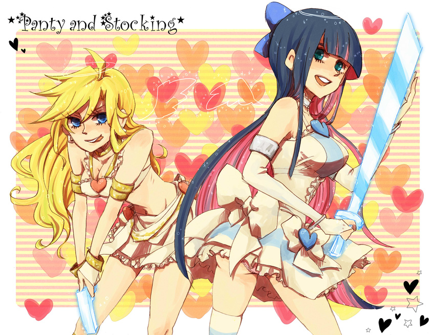 8michu :p bad_id bad_pixiv_id blonde_hair bridal_gauntlets fingerless_gloves gloves gun heart highres legs multicolored_hair multiple_girls panty_&amp;_stocking_with_garterbelt panty_(psg) smile stocking_(psg) sword tongue tongue_out two-tone_hair weapon