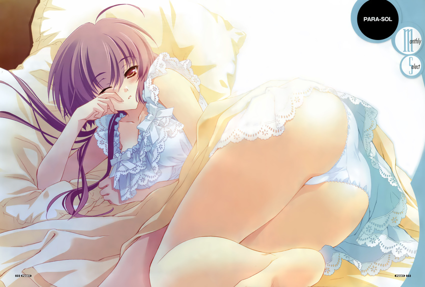 absurdres ahoge ass barefoot bed brown_hair carnelian fujita_nodoka highres long_hair one_eye_closed panties pantyshot para-sol sleepy solo stitched third-party_edit underwear white_panties