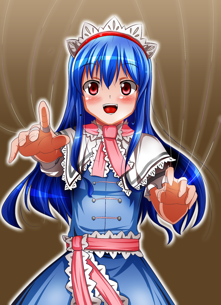 absurdres alice_margatroid alice_margatroid_(cosplay) blue_hair capelet cosplay hairband highres hinanawi_tenshi honda_takaharu jewelry long_hair red_eyes ring solo string touhou