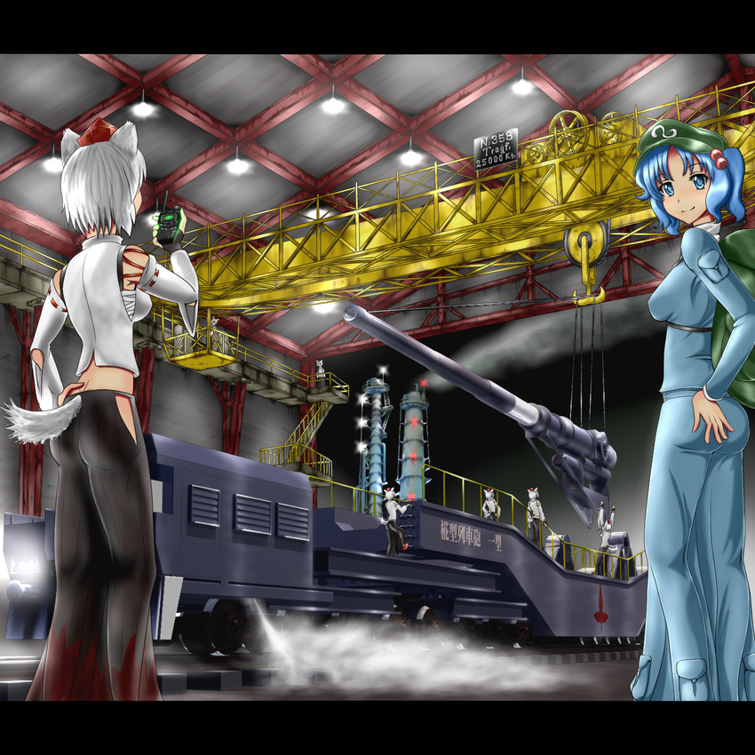 animal_ears backpack bag blue_eyes blue_hair cannon clone crane detached_sleeves factory german ground_vehicle gun hair_bobbles hair_ornament hand_on_hip hat highres inubashiri_momiji kawashiro_nitori letterboxed military multiple_girls railway_gun smoke tail tokin_hat touhou train translated twintails u.s.m.c weapon white_hair wolf_ears wolf_tail