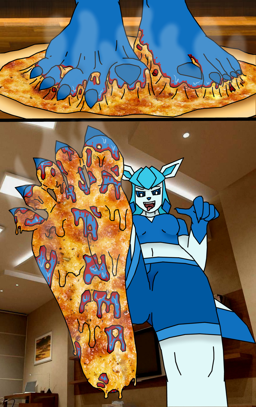 2017 5_toes anthro blue_eyes breasts clothed clothing digital_media_(artwork) domination eeveelution feet female female_domination food food_play foot_fetish foot_focus fur glaceon hi_res looking_at_viewer mammal musk nintendo open_mouth pizza plantigrade pok&eacute;mon raidendeoxysx_(artist) smelly smelly_feet smile soles standing sweat sweaty_feet toes tongue video_games