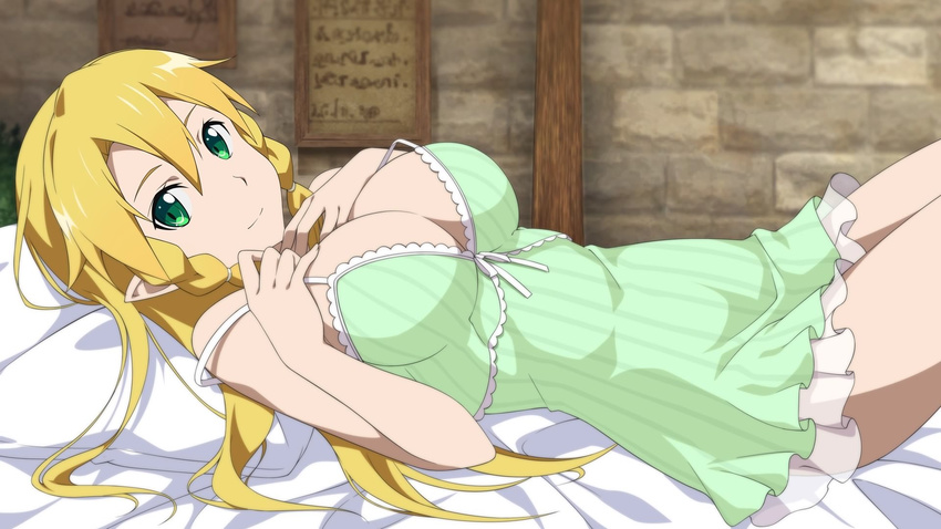 bed_sheet blonde_hair breasts cleavage dress from_side green_dress green_eyes hair_between_eyes highres indoors large_breasts leafa long_hair looking_at_viewer lying official_art on_back pillow pointy_ears short_dress sleeveless sleeveless_dress smile solo striped striped_dress sword_art_online vertical_stripes very_long_hair