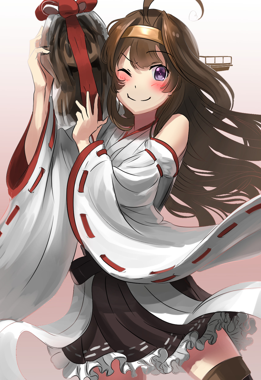 ahoge ao_iro bare_shoulders black_legwear black_skirt blush brown_hair chocolate chocolate_statue detached_sleeves hairband headgear highres japanese_clothes kantai_collection kongou_(kantai_collection) long_hair nontraditional_miko one_eye_closed pink_background purple_eyes ribbon-trimmed_sleeves ribbon_trim skirt smile solo valentine wide_sleeves
