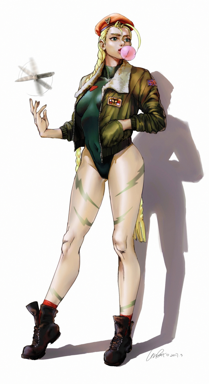 absurdres against_wall ahoge antenna_hair beret blonde_hair blue_eyes bodypaint bomber_jacket boots braid breasts bubble_blowing cammy_white chewing_gum combat_boots covered_navel full_body green_leotard gtolin_chang hand_in_pocket hat highleg highleg_leotard highres huge_ahoge jacket knife leotard lips long_hair long_legs medium_breasts nose red_legwear scar shadow socks solo standing street_fighter thighs throwing_knife twin_braids very_long_hair weapon white_background