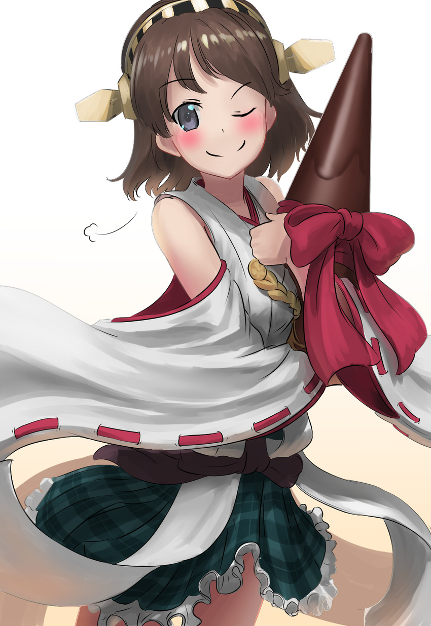 ao_iro blue_eyes brown_hair chocolate chocolate_statue detached_sleeves gradient gradient_background green_skirt hairband headgear hiei_(kantai_collection) highres japanese_clothes kantai_collection nontraditional_miko one_eye_closed plaid plaid_skirt ribbon-trimmed_sleeves ribbon_trim short_hair skirt smile solo valentine wide_sleeves yellow_background