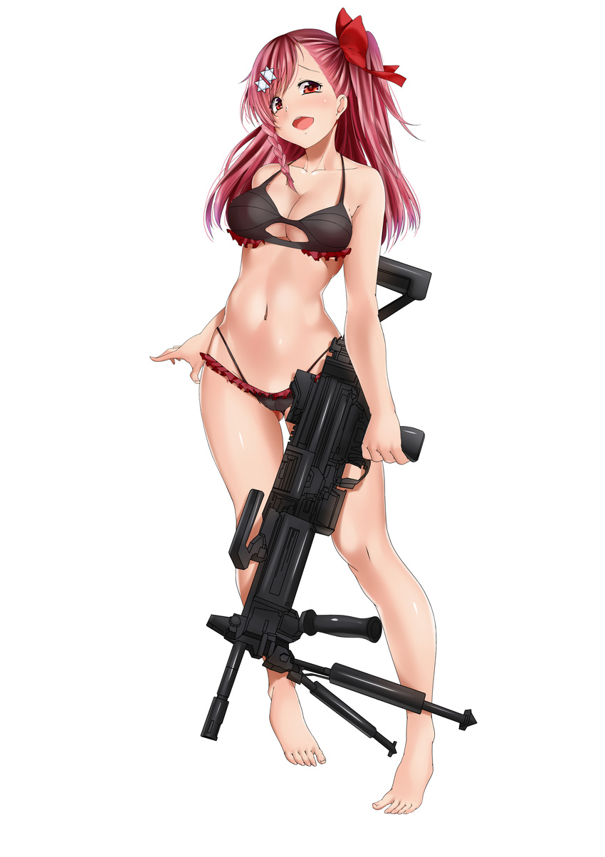 :o absurdres bare_legs black_bra black_panties blush bow bra braid breasts cleavage collarbone full_body girls_frontline gun hair_bow highres imi_negev kong_lang_(skywave) long_hair looking_at_viewer medium_breasts navel negev_(girls_frontline) one_side_up panties pink_hair red_bow red_eyes simple_background solo standing underwear weapon white_background