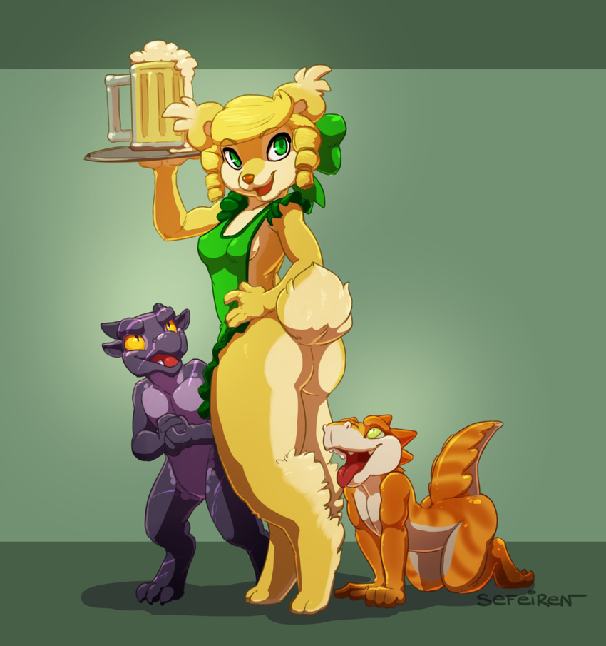 abstract_background alcohol all_fours apron bear beer beverage blonde_hair bow butt clasped_hands claws clothed clothing conditional_dnp cup curls ear_tuft fangs female foam fur glass green_eyes group hair hand_on_hip hindpaw horn kobold looking_back looking_up male mammal nude open_mouth orange_eyes orange_scales partially_clothed paws pink_nose pok purple_scales raised_tail scales scar sefeiren serving_tray size_difference slit_pupils spots standing stripes teeth tongue tongue_out tray tuft vyth waiter wide_hips yellow_fur