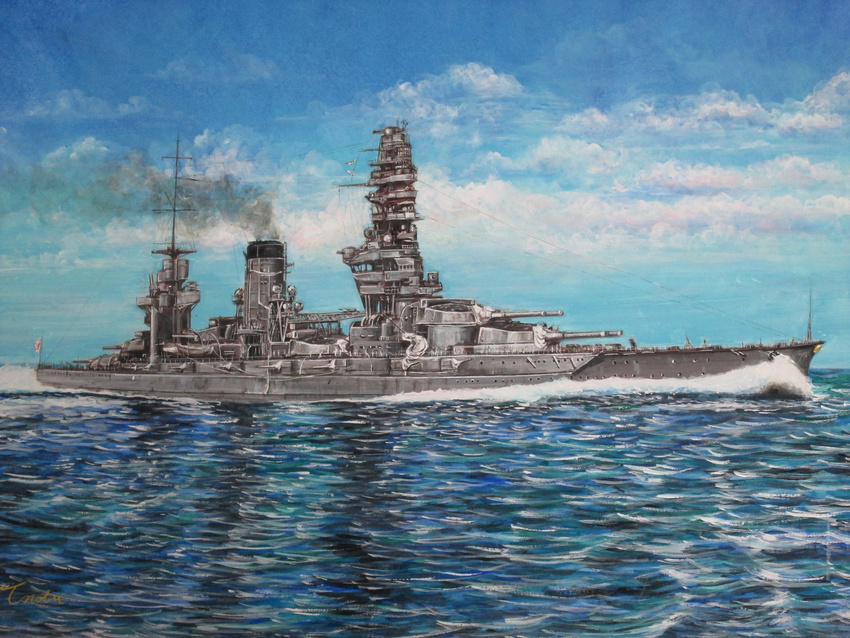 day flag fusou_(battleship) highres imperial_japanese_navy military military_vehicle no_humans nobu_(pixiv17498793) ocean original rising_sun ship smokestack sunburst turret warship watercraft waves