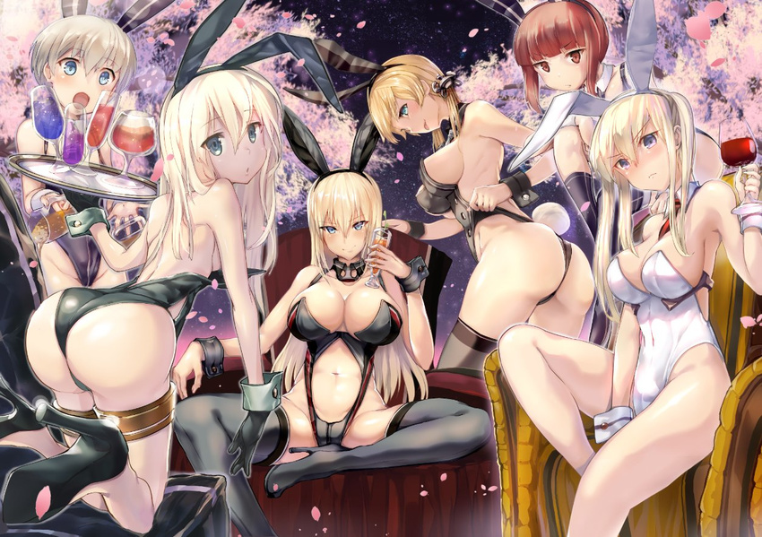 alcohol alternate_costume anchor_hair_ornament animal_ears aqua_eyes arched_back arm_support armpits ass backless_outfit bangs bare_legs bare_shoulders between_breasts bismarck_(kantai_collection) black_gloves blonde_hair blue_eyes blunt_bangs boots bow bowtie breasts brown_eyes brown_hair bunny_ears bunny_girl bunny_tail bunnysuit chair cherry_blossoms cleavage covered_navel cup detached_collar detached_sleeves drinking_glass eyebrows_visible_through_hair fake_animal_ears from_behind gloves graf_zeppelin_(kantai_collection) grey_legwear groin hair_between_eyes hair_ornament hairband halterneck high_heel_boots high_heels holding holding_cup iron_cross kantai_collection large_breasts leotard leotard_pull lips long_hair looking_at_viewer looking_back low_twintails medium_breasts multiple_girls navel navel_cutout necktie necktie_between_breasts open_mouth partially_visible_vulva prinz_eugen_(kantai_collection) satou_daiji serious short_hair sideboob sidelocks silver_hair simple_background sitting skindentation small_breasts smile spread_legs straight_hair tail thighhighs thighs tongue tongue_out tray tsurime twintails u-511_(kantai_collection) white_background white_legwear white_leotard wine wine_glass wrist_cuffs z1_leberecht_maass_(kantai_collection) z3_max_schultz_(kantai_collection)