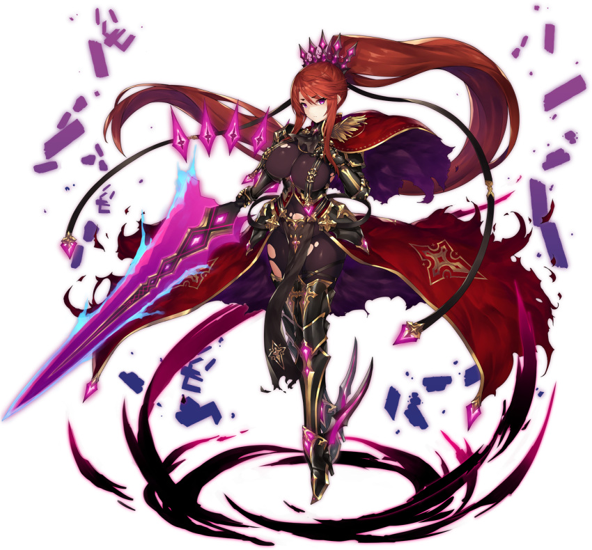 1girl absurdly_long_hair armored_corset aura blue_fire breasts brown_hair cape covered_navel crown dark_aura dark_power eyebrows_visible_through_hair feather_hair fire floating floating_object floating_rock gauntlets greaves hand_on_own_chest high_heels highres inayama ingrid_(sennen_sensou_aigis) large_breasts long_hair looking_at_viewer magic official_art pelvic_curtain ponytail purple_eyes rubble sennen_sensou_aigis sword torn_cape torn_clothes transparent_background unitard very_long_hair waist_cape weapon