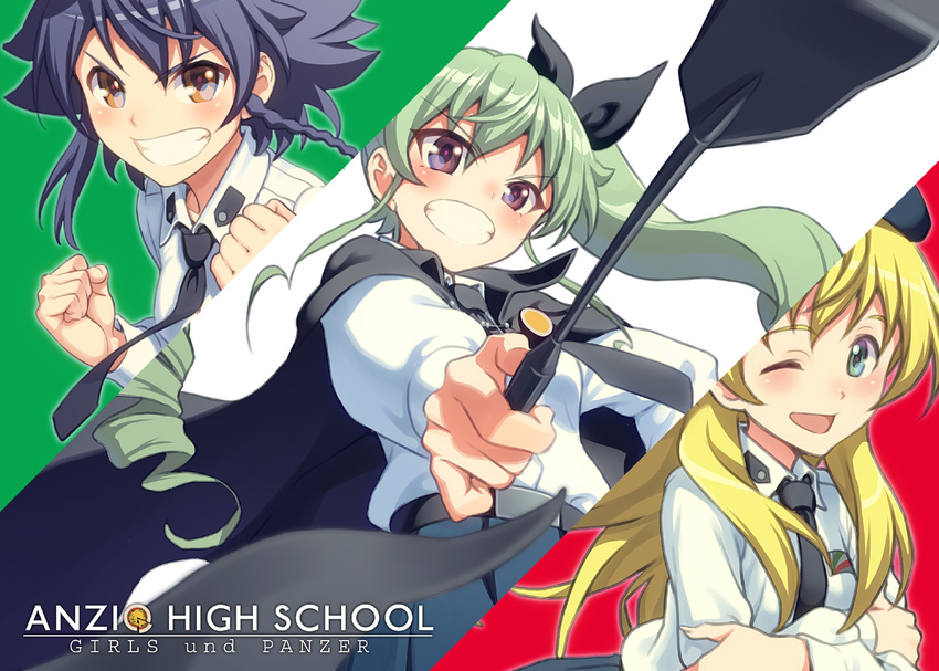 ;d anchovy anzio_(emblem) anzio_school_uniform bad_id bad_pixiv_id bangs belt beret black_cape black_hair black_hat black_neckwear black_ribbon black_skirt blonde_hair blue_eyes blue_skirt blush braid brown_eyes cape carpaccio clenched_hands copyright_name cowboy_shot crossed_arms dress_shirt drill_hair emblem english flag_background girls_und_panzer green_eyes green_hair grin hair_ribbon hand_on_hip hat holding italian_flag long_hair long_sleeves looking_at_viewer multiple_girls necktie one_eye_closed open_mouth pairan pepperoni_(girls_und_panzer) pleated_skirt pointing pointing_at_viewer red_eyes ribbon riding_crop school_uniform shirt short_hair side_braid skirt smile teeth twin_drills twintails uniform white_shirt