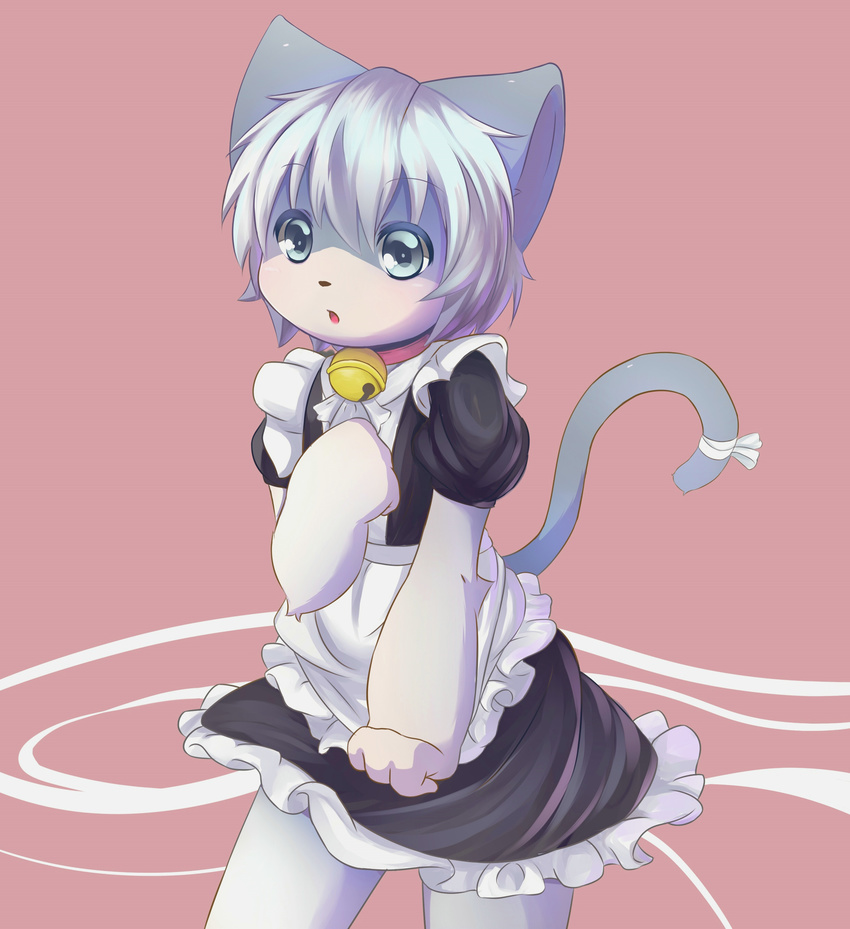 abababab ambiguous_gender anthro bell cat clothing cub feline fur grey_eyes grey_fur hair looking_at_viewer maid_uniform mammal multicolored_fur ribbons simple_background tail_ribbon two_tone_fur uniform white_fur white_hair young