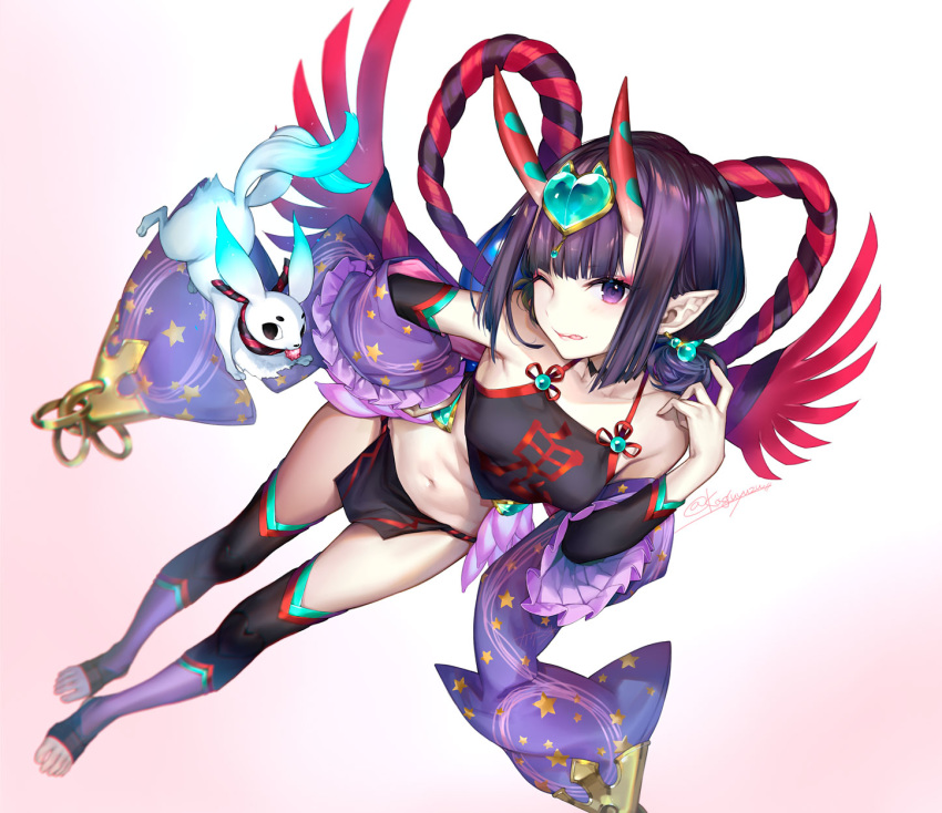 1girl black_gloves breasts commentary_request dudou earrings fate/grand_order fate_(series) full_body gloves gradient gradient_background highres horns jewelry kaguyuzu licking_lips looking_at_viewer navel one_eye_closed oni_horns pink_background pointy_ears purple_eyes purple_hair short_hair shuten_douji_(fate/grand_order) small_breasts solo thighhighs toeless_legwear tongue tongue_out white_background