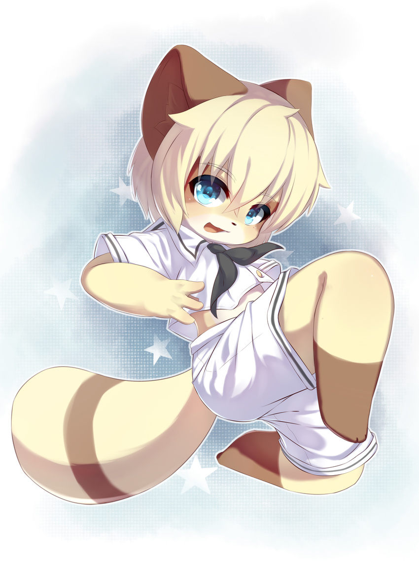 abababab anthro ascot blonde_hair blue_eyes brown_fur clothing cub fur hair male mammal multicolored_fur open_mouth raccoon shorts simple_background solo star tan_fur two_tone_fur white_background young