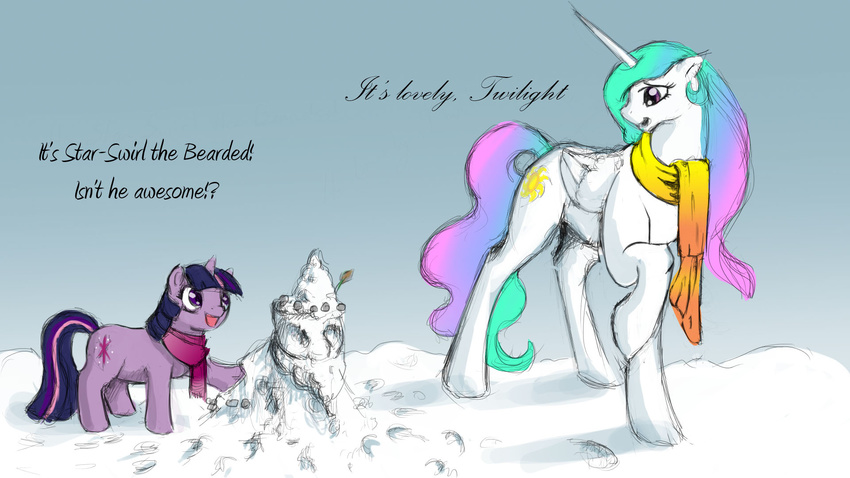 2012 child cub cutie_mark dialogue equine feathered_wings feathers feral friendship_is_magic hair horn looking_back mammal multicolored_hair multicolored_tail my_little_pony outside princess_celestia_(mlp) scarf silfoe simple_background smile snow snowman twilight_sparkle_(mlp) unicorn winged_unicorn wings winter young