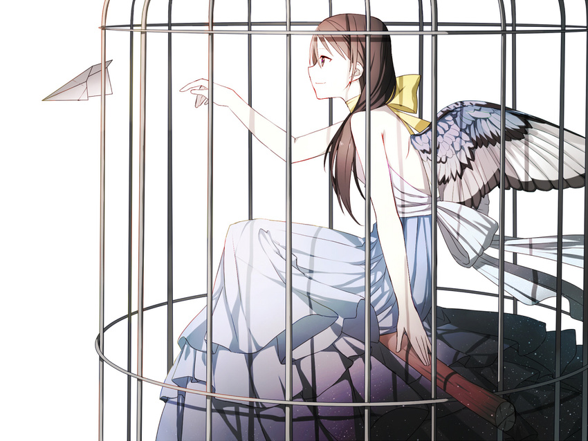 1girl arm_support bare_shoulders bird_cage bow brown_eyes brown_hair butterfly_wings choker dress fumio_(kanmi) hair_between_eyes long_dress long_hair original outstretched_arm paper paper_airplane ribbons simple_background sitting smile solo twintails white white_background wings