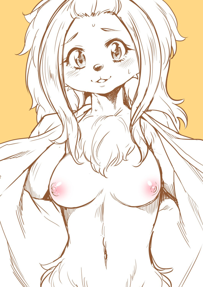 2017 anthro big_eyes blush breasts canine chest_tuft exposed_breasts female hair kemono long_hair looking_at_viewer mammal navel nipples nme partially_colored pink_nipples simple_background solo sweat tuft yellow_background