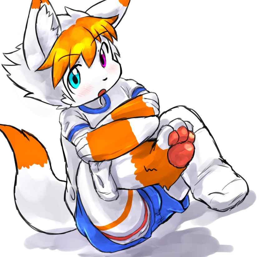 3_toes anthro blue_eyes blush briefs canine clothing cub fox fur hair heterochromia legwear looking_at_viewer male mammal open_mouth orange_fur orange_hair pawpads purple_eyes saru_gundan shorts sitting socks solo toes underwear white_fur young