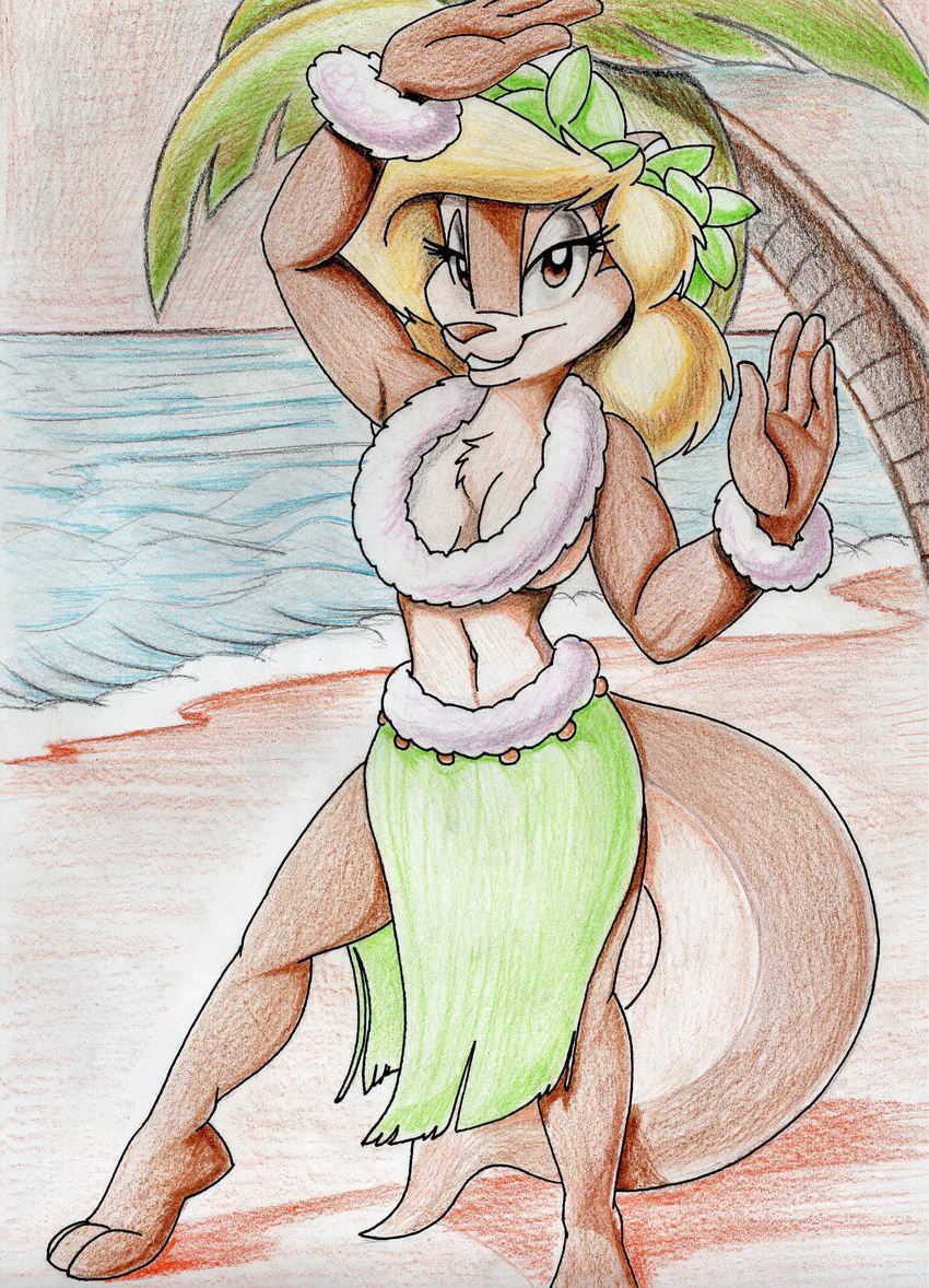amy_squirrel anthro armpits beach breasts chest_tuft clothed clothing convenient_censorship female fureverick grass_skirt hula_dancer lei mammal navel palm_tree raised_arm rodent sabrina_online sea seaside solo squirrel topless tree tropical tuft water waving webcomic