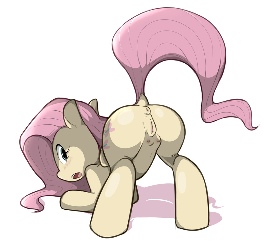 animal_genitalia blush butt cutie_mark embarrassed equine female feral fluttershy_(mlp) friendship_is_magic hair horse kappadoggo looking_at_viewer looking_back mammal my_little_pony pegasus pink_hair pony presenting presenting_hindquarters presenting_pussy pussy simple_background teats white_background wings