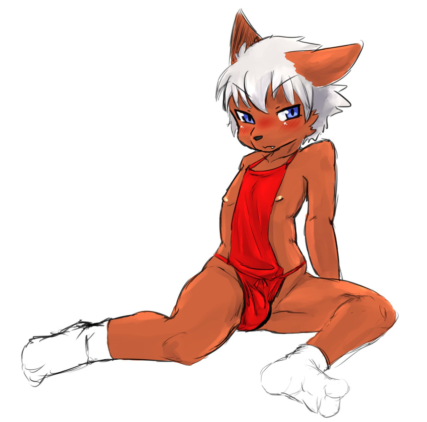 anthro blue_eyes blush bulge canine clothing cub cute_fangs erect_nipples fundoshi hair japanese_clothing legwear male mammal nipples saru_gundan sitting socks solo underwear white_hair wolf young