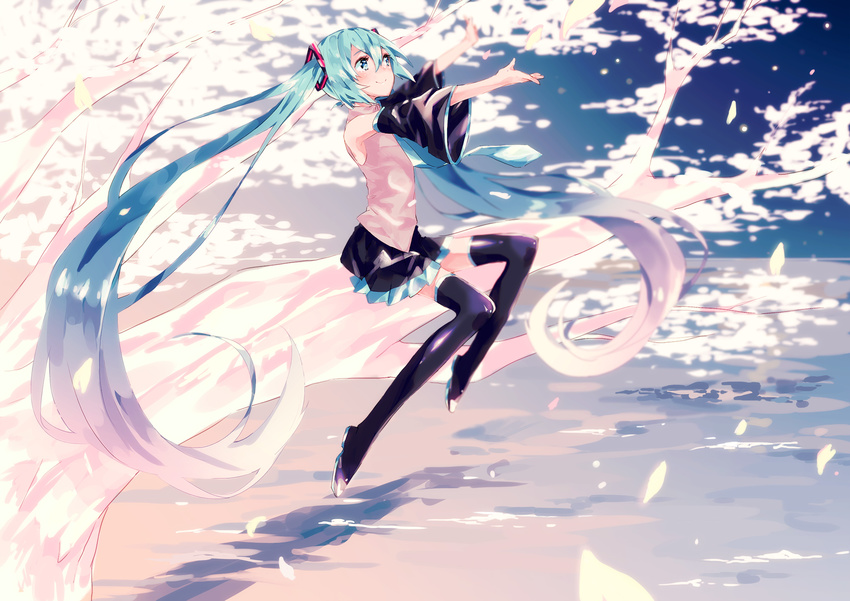 1girl aqua_eyes aqua_hair bare_shoulders bent_knees black_footwear black_skirt blurry boots branch cherry_blossoms closed_mouth collar_(clothes) detached_sleeves female full_body hair_beetwin_eyes happy hatsune_miku long_hair long_sleeves looking_ahead necktie outdoors outstretched_arm petals pleated_skirt shirt shoes sitting skirt sleeveless_shirt smile solo thigh_boots thighhighs tie tree twintails usada_(usd614) vocaloid wide_sleeves wood