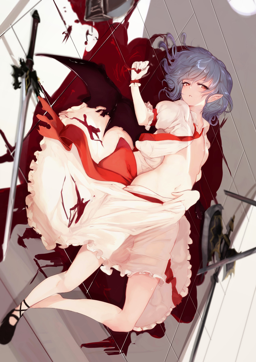 absurdres axe black_footwear blood blue_hair half-closed_eyes helmet highres homo_1121 looking_at_viewer lying navel necktie on_back pointy_ears pool_table red_eyes red_neckwear remilia_scarlet shoes short_hair skirt solo stomach sword touhou weapon wrist_cuffs