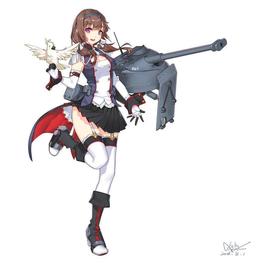 absurdres bat.-chatillon_25_t_(panzer_waltz) bird black_skirt boots breasts brown_hair cleavage dated elbow_gloves epaulettes garter_straps gloves highres kyouki_no_kimi long_hair looking_at_viewer low_twintails military miniskirt official_art open_mouth panzer_waltz parrot pleated_skirt purple_eyes signature skirt skirt_lift smile standing thighhighs twintails white_background white_legwear wrist_cuffs