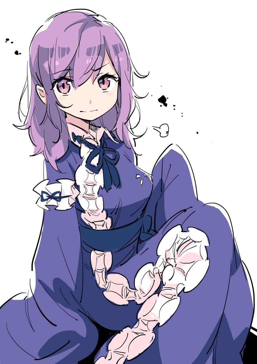 :| =3 akuma blush breasts closed_mouth dress highres long_hair looking_at_viewer medium_breasts no_hat no_headwear purple_eyes purple_hair saigyouji_yuyuko sitting sketch sleeves_past_wrists solo touhou