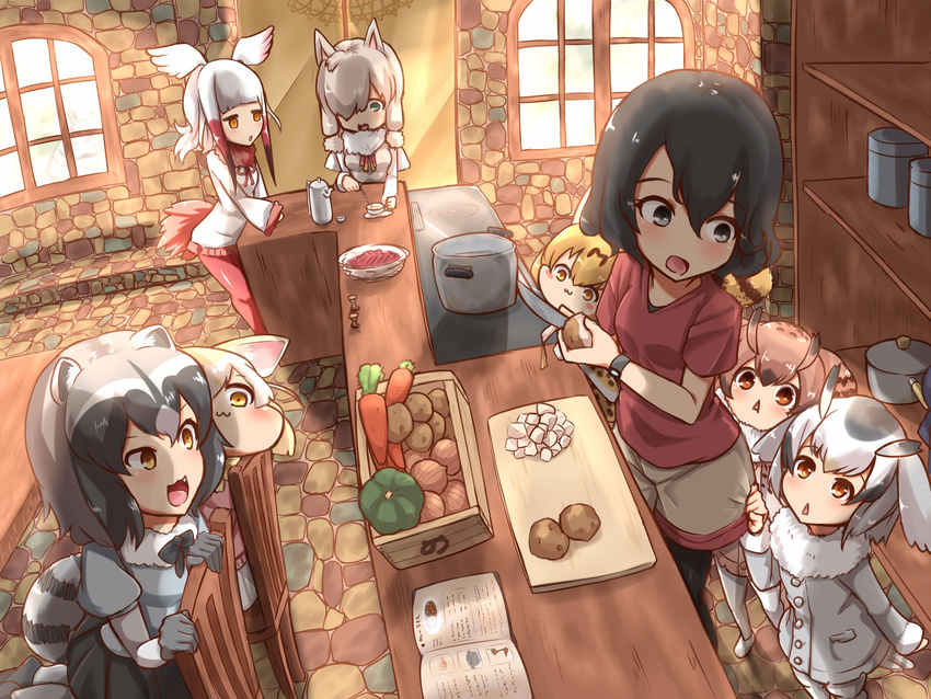 :3 alpaca_ears alpaca_suri_(kemono_friends) animal_ears bangs bird_tail black_eyes black_hair black_legwear book bowl box brown_eyes carrot chair check_commentary chibi chibi_inset coat commentary commentary_request common_raccoon_(kemono_friends) counter cup cutting_board elbow_gloves empty_eyes eurasian_eagle_owl_(kemono_friends) fang fennec_(kemono_friends) food fox_ears fur_collar fur_trim gloves gradient_hair grey_hair hair_over_one_eye head_wings highres japanese_crested_ibis_(kemono_friends) japari_symbol kaban_(kemono_friends) kemono_friends kitchen knife lucky_beast_(kemono_friends) makano_mucchi meat multicolored_hair multiple_girls northern_white-faced_owl_(kemono_friends) onion open_mouth pantyhose pantyhose_under_shorts peeling pot potato pumpkin raccoon_ears raccoon_tail recipe_(object) red_hair red_legwear serval_(kemono_friends) serval_ears serval_tail shelf shoes short_hair spoilers standing stone_floor stone_wall stove striped_tail table tail teacup tongue triangle_mouth wall white_hair window windowsill wings wooden_table yellow_eyes