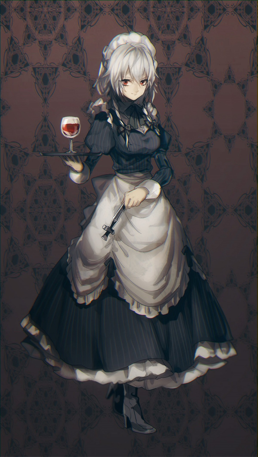 adapted_costume alcohol alternate_costume apron boots braid breasts commentary_request cup dress drinking_glass frills full_body gradient gradient_background high_heels highres izayoi_sakuya juliet_sleeves knife light_smile long_dress long_sleeves looking_at_viewer maid maid_headdress medium_breasts no-kan puffy_sleeves red_eyes ribbon short_hair silver_hair solo striped striped_dress touhou tray twin_braids vertical_stripes waist_apron wine wine_glass